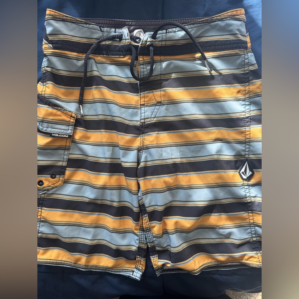 Volcom Kids Swim Trunks - Black and Gold Stripes